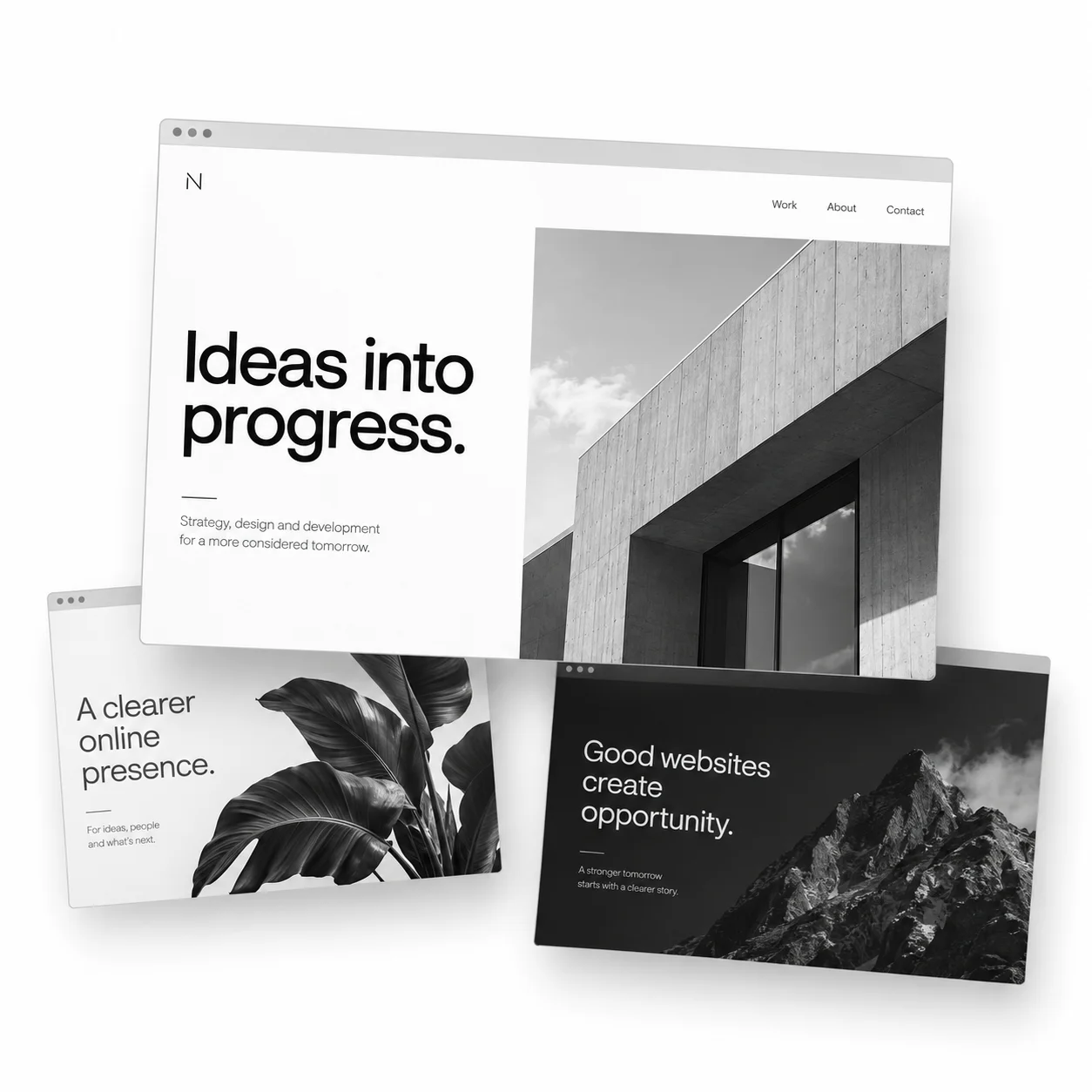Illustrative monochrome website layouts with architecture, plants and mountain imagery